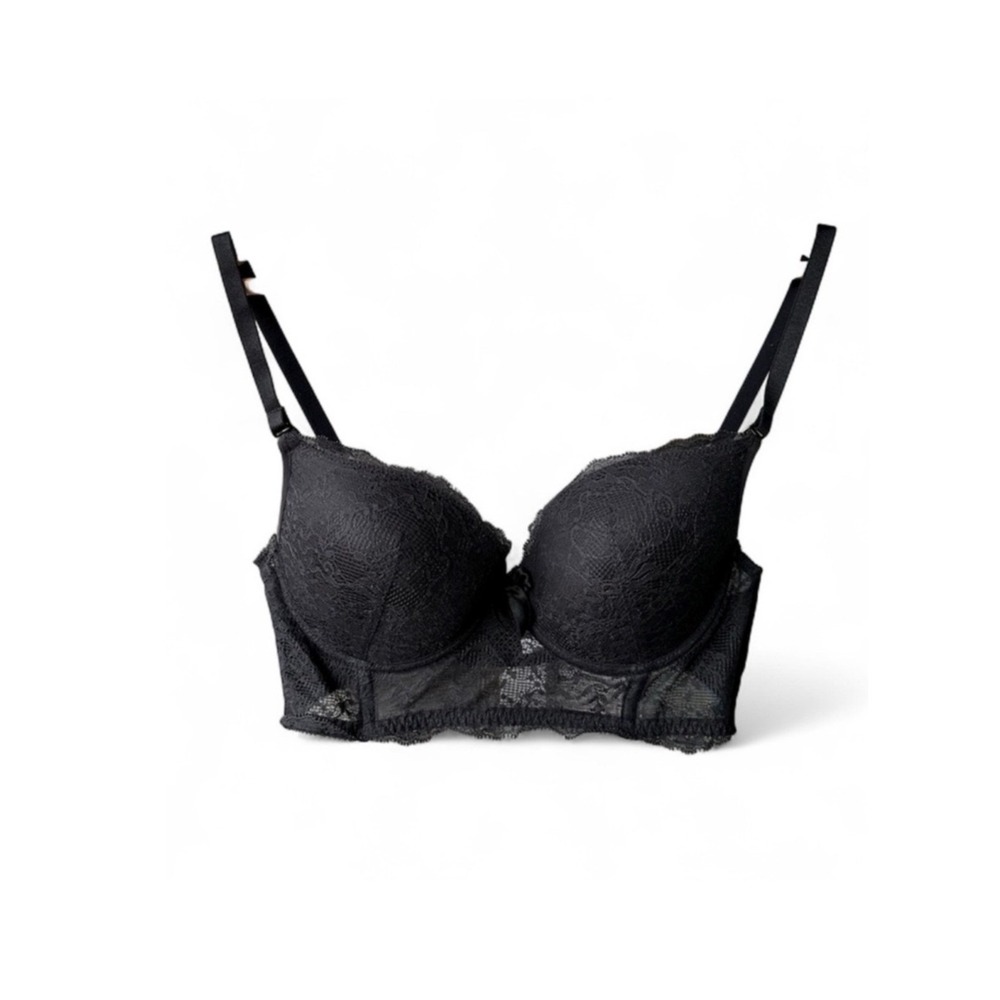 Huit 8 Bra Black Lace Longline Padded Underwire Adjustable Straps Size 36C